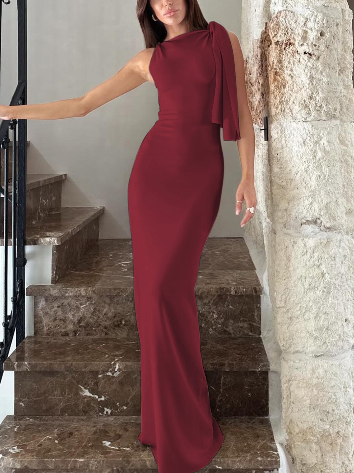 One-shoulder Ribbon Long Dress